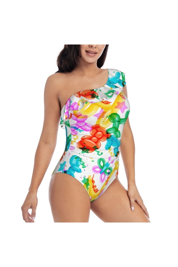 Colorful Air Balloons Pattern Women's One Piece Swimsuits,One Shoulder Swimwear Asymmetric ,Ruffle Monokinis Bathing Suits,High Waisted Flattering Bathing Suits-Medium