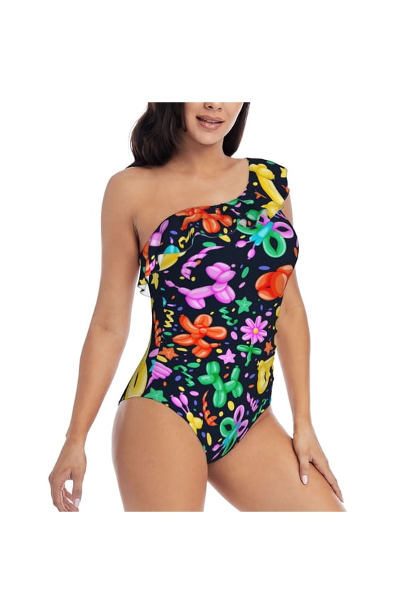 Colorful Air Balloons1 Pattern Women's One Piece Swimsuits,One Shoulder Swimwear Asymmetric ,Ruffle Monokinis Bathing Suits,High Waisted Flattering Bathing Suits-Medium