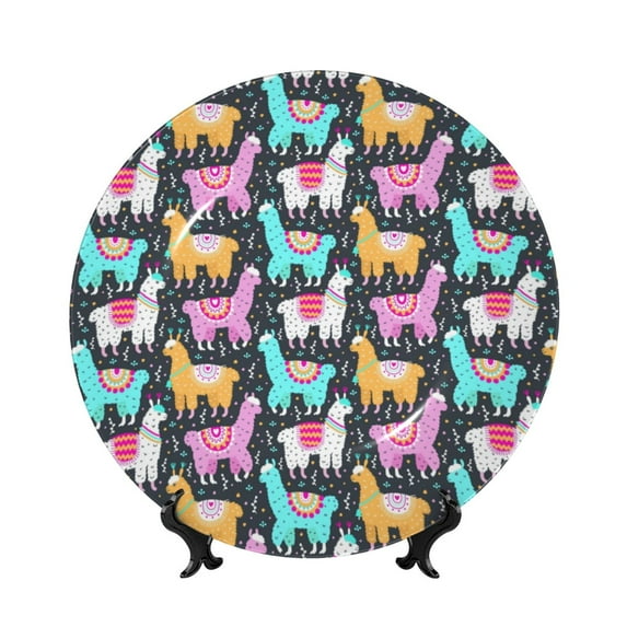 Picia Colorful Alpaca Pattern Bone China Decorative Plate – Wall Decor with Stand and Adhesive, Elegant Ornament for Living Room, Office, or Entryway-6in