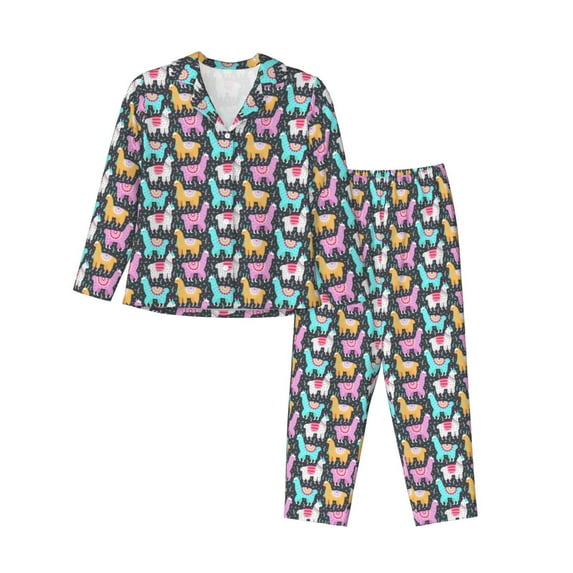 Picia Colorful Alpaca Pattern Women’s Long-Sleeve Sleepwear Set - Soft 2-Piece Loungewear with Pockets, Comfy PJs for Relaxing Nights-Large