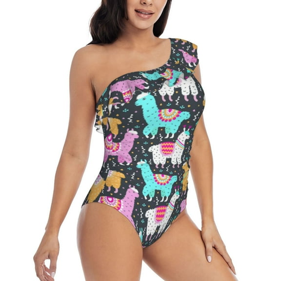 Picia Colorful Alpaca Pattern Women's One Piece Swimsuits,One Shoulder Swimwear Asymmetric ,Ruffle Monokinis Bathing Suits,High Waisted Flattering Bathing Suits-Medium