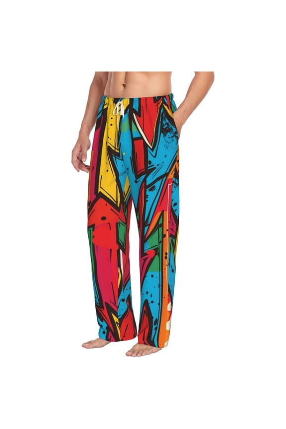 Colorful Arrow Graffiti Pattern Mens Soft Woven Cotton Elastic Waistband Sleep Pajama Pant Lounge Sleep Pant With Pockets And Drawstring-Small