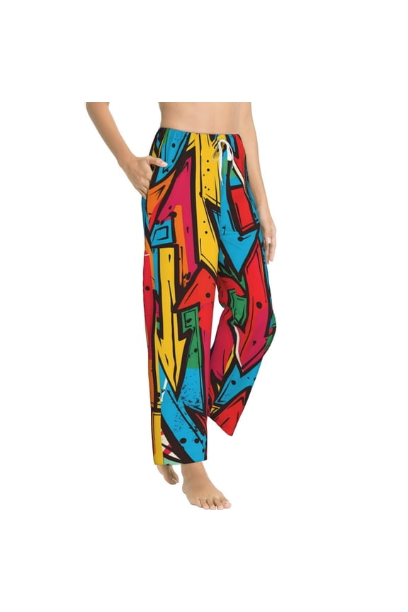 Colorful Arrow Graffiti Pattern Womens Soft Woven Cotton Elastic Waistband Sleep Pajama Pant Lounge Sleep Pant With Pockets And Drawstring-Large