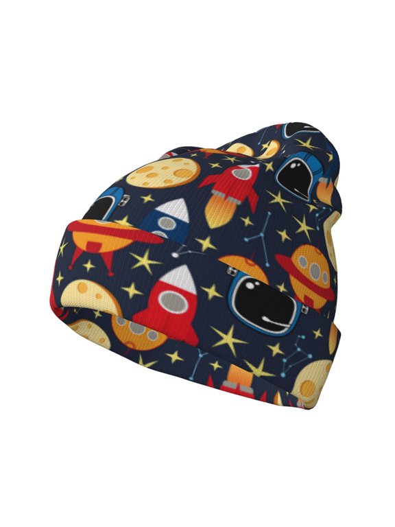 Colorful Astronomy Pattern Knitted Beanie Hat for Men and Women , Unisex Winter Warm Stretchy Knit Cap Thick Fisherman Beanies Cuffed Plain Skull Caps