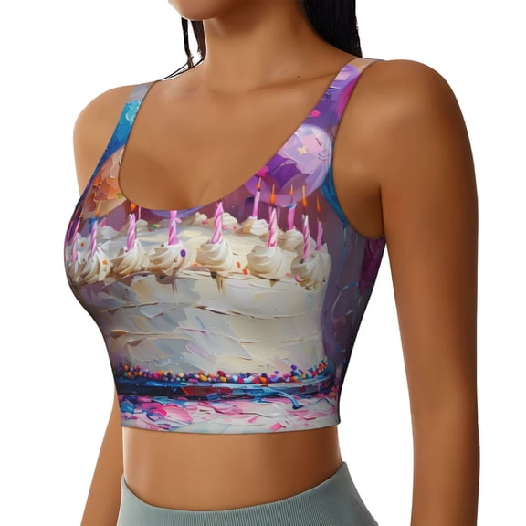 Picia Colorful Balloon Cake Celebration Sports Bra for Women,Padded Strappy Sports Bras Medium Support Yoga Bra with Removable Cups,Running Yoga Bra-X-Large