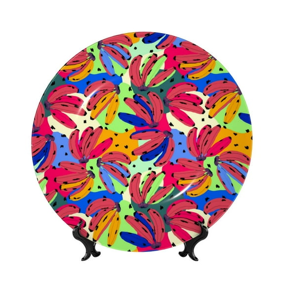 Picia Colorful Bananas Pattern Bone China Decorative Plate – Wall Decor with Stand and Adhesive, Elegant Ornament for Living Room, Office, or Entryway-7in