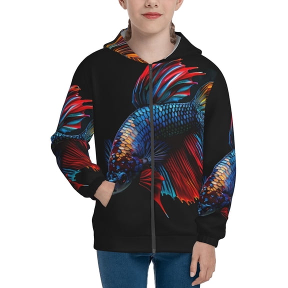 Picia Colorful Betta Fish for Boys Fashion Full-zip Hoodies & Sweatshirts with Kangaroo Pocket,Zip-up Hooded Sweatshirt for Kid, Moisture Wicking & Breathable-Small