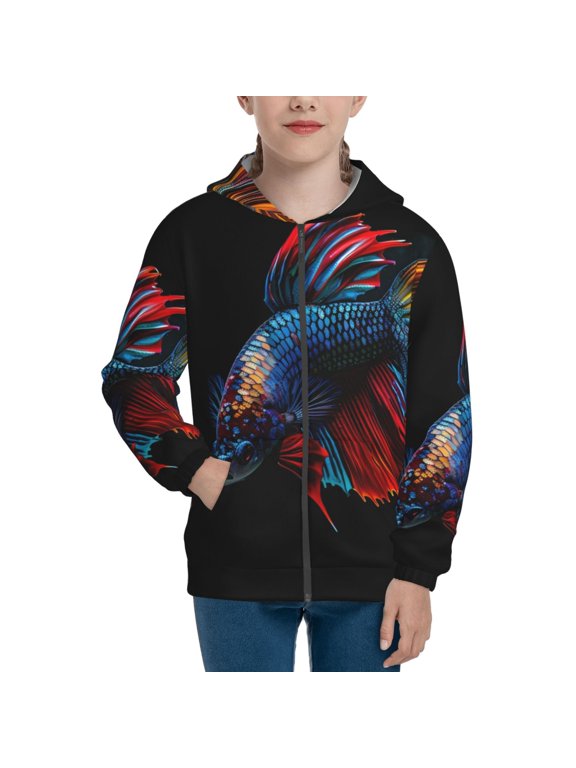 Colorful Betta Fish for Boys Fashion Full-zip Hoodies & Sweatshirts with Kangaroo Pocket,Zip-up Hooded Sweatshirt for Kid, Moisture Wicking & Breathable-Small