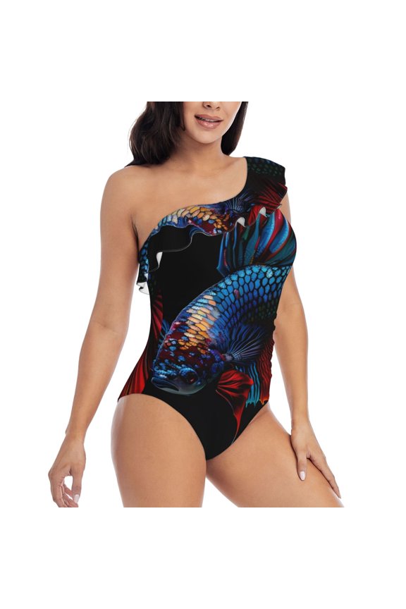 Colorful Betta Fish Pattern Women's One Piece Swimsuits,One Shoulder Swimwear Asymmetric ,Ruffle Monokinis Bathing Suits,High Waisted Flattering Bathing Suits-Medium