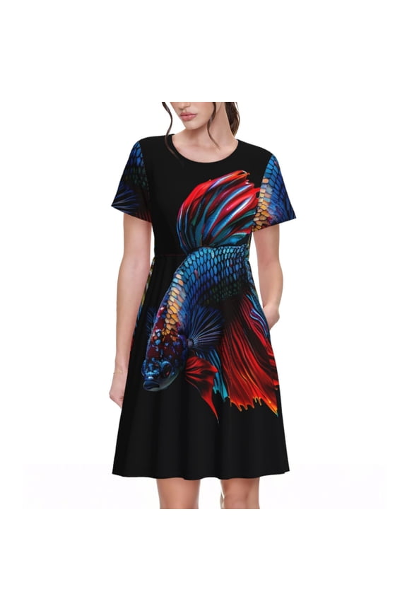 Colorful Betta Fish Pattern Women's Short Sleeve Summer Dress Pleated Loose Swing Knee Length Short Sleeve Swing Dresses