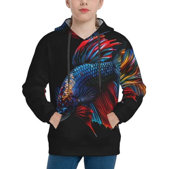 Picia Colorful Betta Fish Pattern Youth Hoodie - Warm Pullover Sweatshirt with Kangaroo Pocket, Ideal for Boys and Girls-Medium