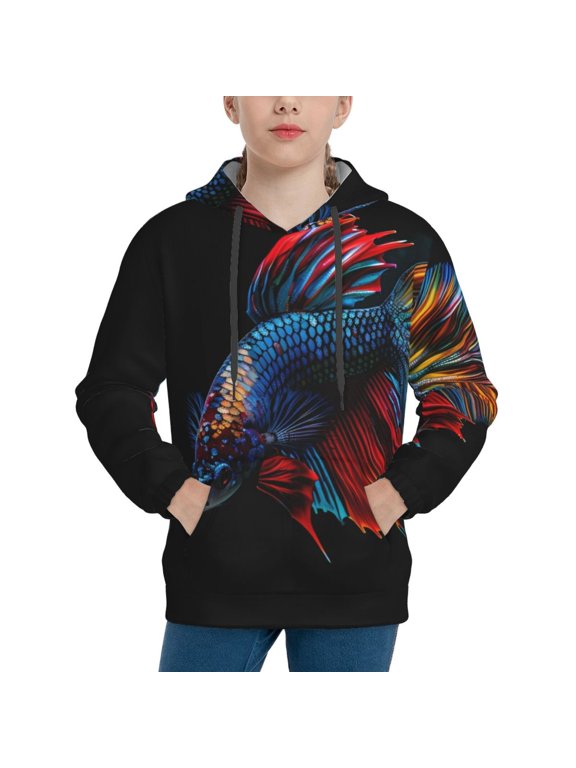 Colorful Betta Fish Pattern Youth Hoodie - Warm Pullover Sweatshirt with Kangaroo Pocket, Ideal for Boys and Girls-Medium