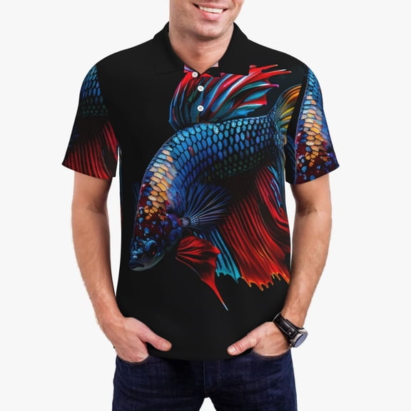 Picia Colorful Betta Fish Print Men's Polo Shirt, Two-Button Closure Pique Polo Shirt, Summer Fashion Golf Shirt-Medium