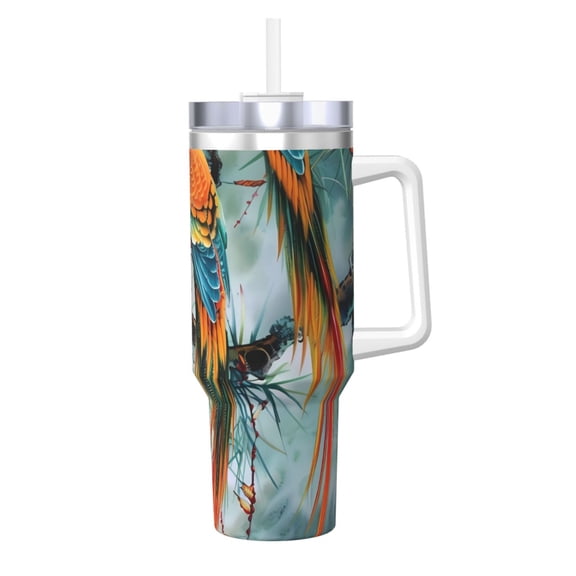 Picia Colorful Birds Pine Branch Pattern 40oz Ice Bully Insulated Tumbler with Handle, Double-Wall Stainless Steel Cup, Leak-Proof Lid and Straw