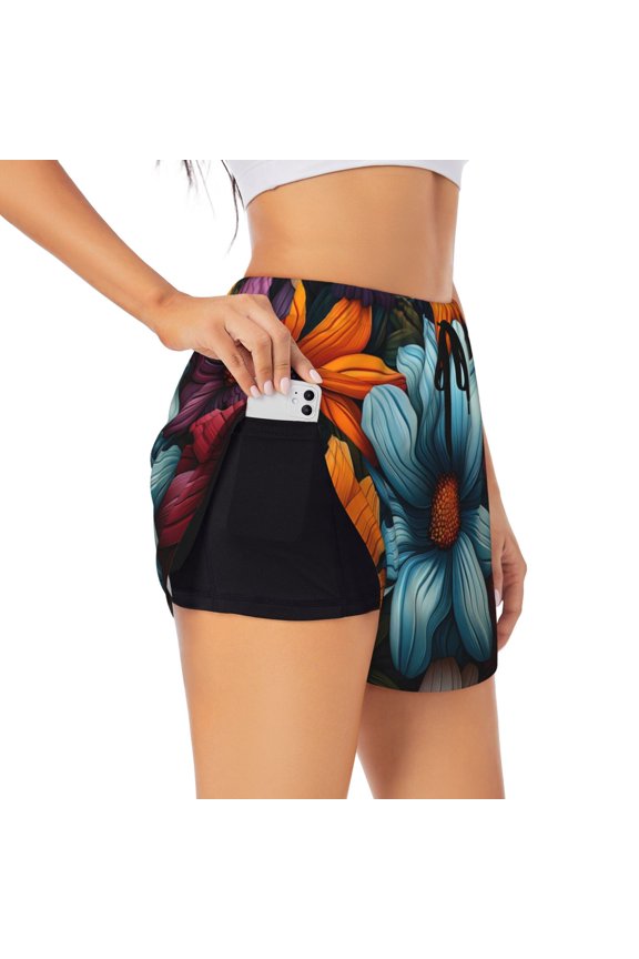 Colorful Blooming Flowers Pattern Women's 2 in 1 Athletic Running Shorts High Waisted Workout Casual Gym Sweat Shorts with Comfy Liner Zipper Pockets-Large