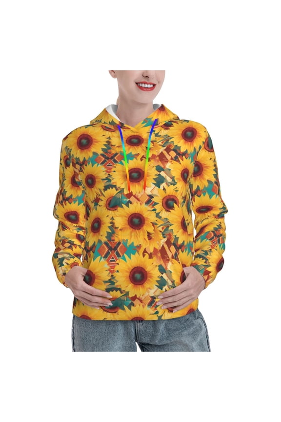 Colorful Bohemian Sunflower Pattern Casual Women's Hoodie, Hooded Sweatshirt with Kangaroo Pocket, Comfortable Pullover with Eye-catching Drawstrings-X-Large