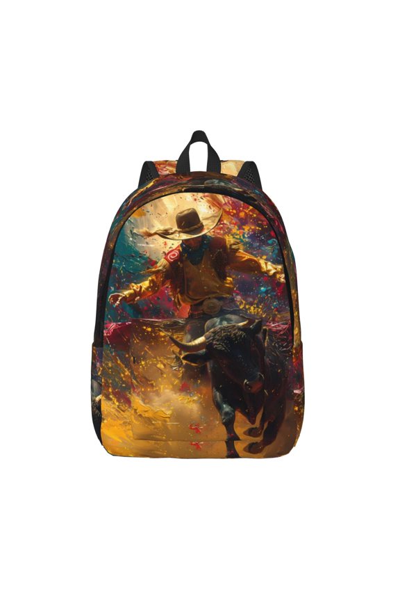 Colorful Bull Western Man Printed Canvas Daypack - Stylish and Durable Vintage Compact Backpack - Class, Work, Travel, or Laptop Bookbag,Organized Compartments-Medium
