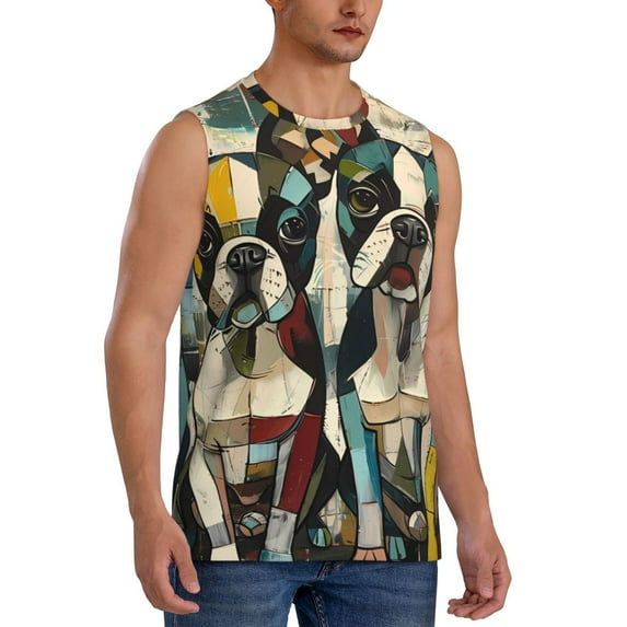 Picia Colorful Bulldog Duo mens Cotton Tank Undershirts , Moisture-wicking Ribbed Tanks, Lightweight Cotton Tank Undershirts-Large
