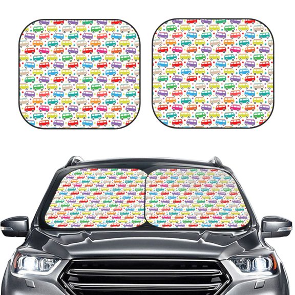 Picia Colorful Bus 2 Piece Car Windshield Sun Shade Foldable | Foldable Sun Shield for Front Window Blocks UV Rays and Keeps Your Vehicle Cool-Small