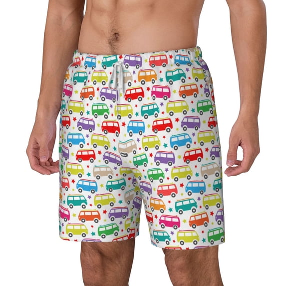 Picia Colorful Bus pattern Mens Swim Trunks with Compression Liner Stretch Beach Shorts Quick Dry with Zipper Pockets No-Chafing Board Shorts-XX-Large