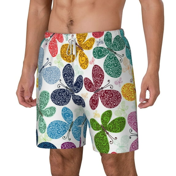 Picia Colorful Butterflies pattern Mens Swim Trunks with Compression Liner Stretch Beach Shorts Quick Dry with Zipper Pockets No-Chafing Board Shorts-X-Large