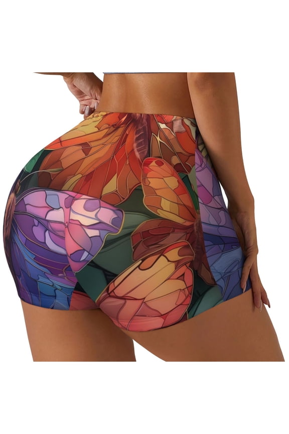 Colorful Butterfly Cluster Printed Workout Shorts for Women Seamless Scrunch Butt Lifting High Waisted Yoga Gym Booty Running Moisture-wicking Short Pants-Small