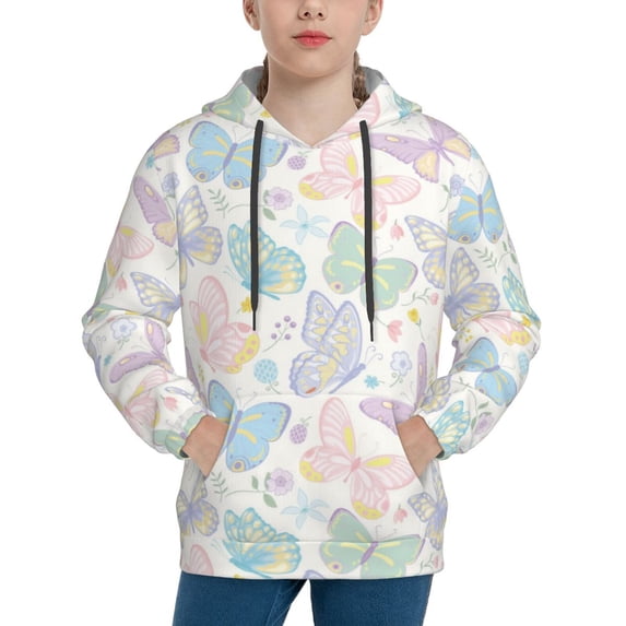 Picia Colorful Butterfly Pattern Youth Hoodie - Warm Pullover Sweatshirt with Kangaroo Pocket, Ideal for Boys and Girls-Medium