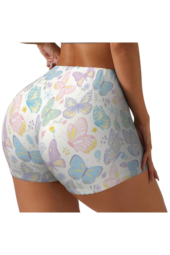 Colorful Butterfly Printed Workout Shorts for Women Seamless Scrunch Butt Lifting High Waisted Yoga Gym Booty Running Moisture-wicking Short Pants-Small