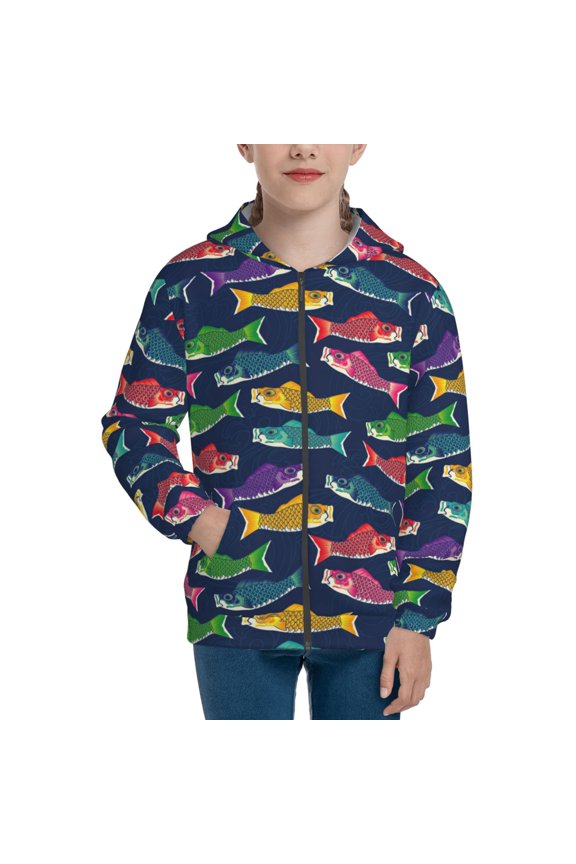 Colorful Carp Streamer 1 for Boys Fashion Full-zip Hoodies & Sweatshirts with Kangaroo Pocket,Zip-up Hooded Sweatshirt for Kid, Moisture Wicking & Breathable-Small