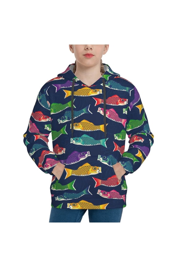 Colorful Carp Streamer 1 Pattern Youth Hoodie - Warm Pullover Sweatshirt with Kangaroo Pocket, Ideal for Boys and Girls-X-Large