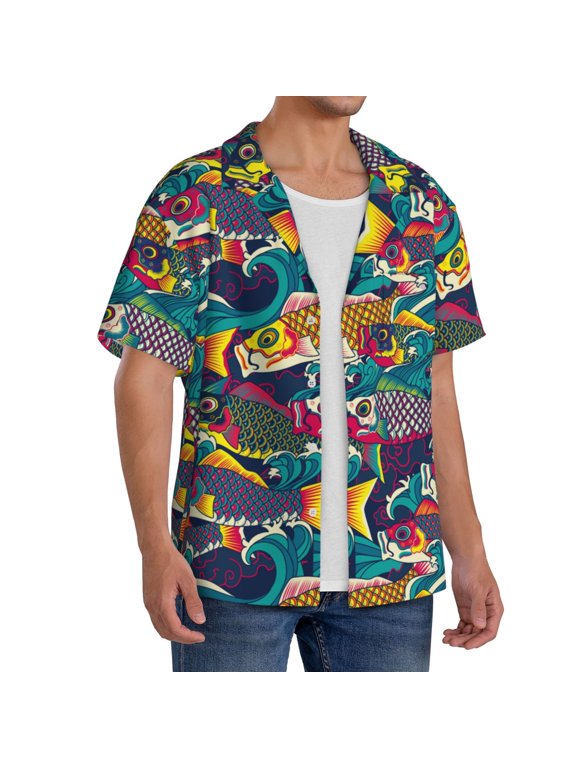 Colorful Carp Streamer Men's Linen Shirts Short Sleeve Cuban Beach Shirts Casual Shirts Button Down Shirt for Men Beach Summer Wedding Shirt-Large