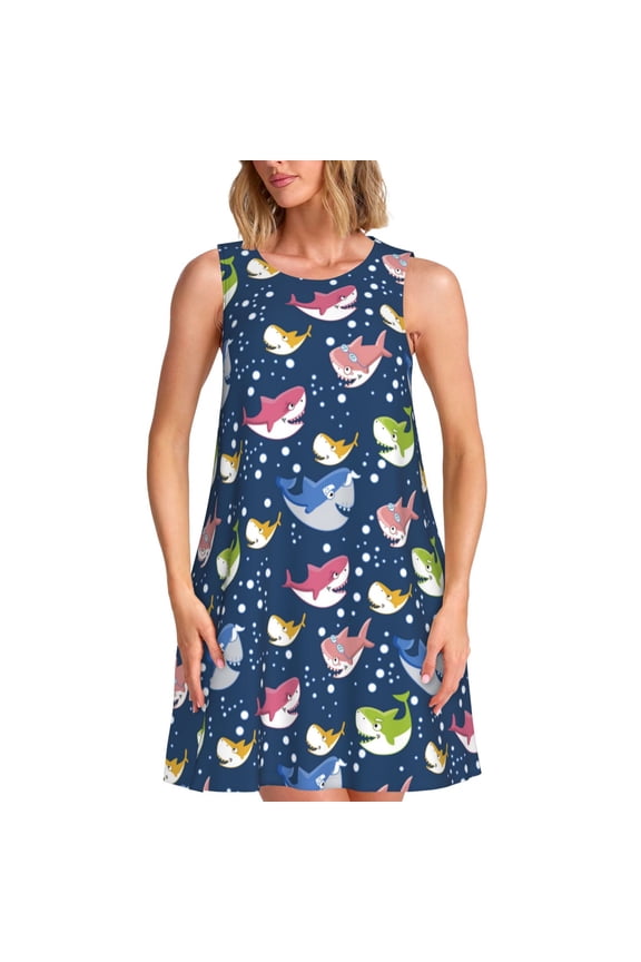 Colorful Cartoon Shark Print Women’s Sleeveless Midi Swing Dress – A-Line Pleated Tank Sundress, Comfortable and Flowy T-Shirt Dress