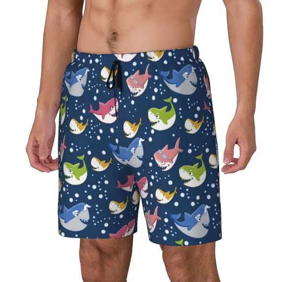 Picia Colorful Cartoon Shark pattern Mens Swim Trunks with Compression Liner Stretch Beach Shorts Quick Dry with Zipper Pockets No-Chafing Board Shorts-Small
