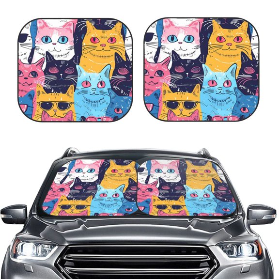 Picia Colorful Cats Pattern Art 2 Piece Car Windshield Sun Shade Foldable | Foldable Sun Shield for Front Window Blocks UV Rays and Keeps Your Vehicle Cool-Small