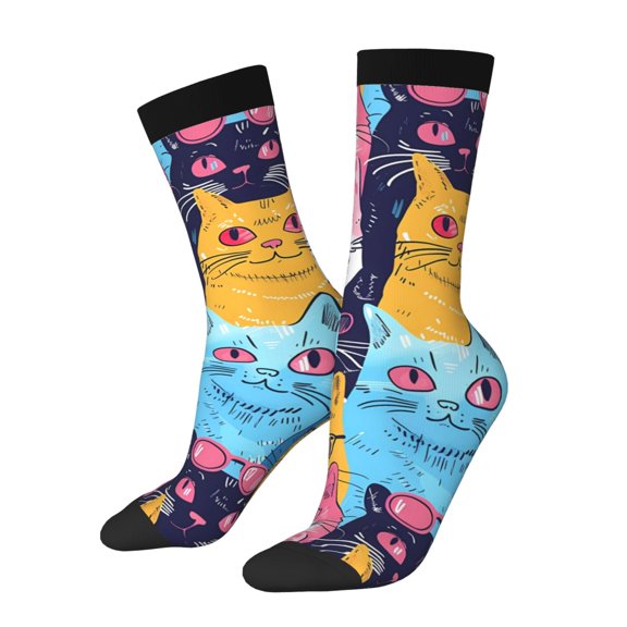 Picia Colorful Cats Pattern Art Print Athletic Socks for Men & Women – Cushioned Moisture-Wicking Crew Socks for Sports, Running, and Training, Soft & Breathable Size 5-11