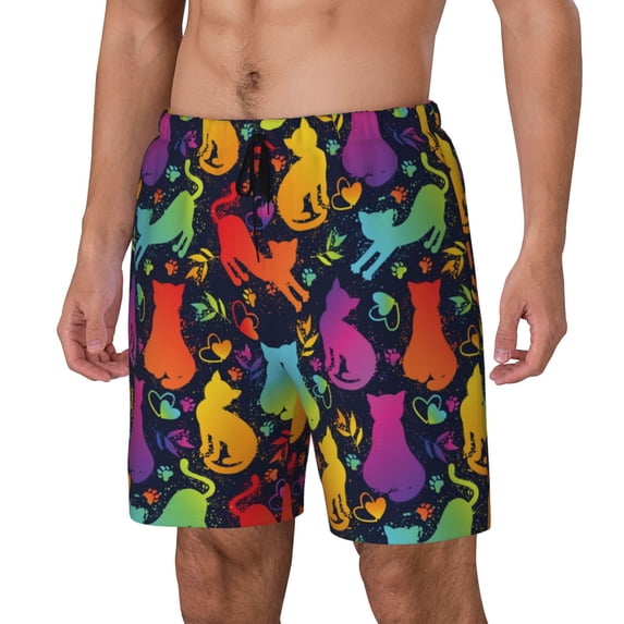 Picia Colorful Cats pattern Mens Swim Trunks with Compression Liner Stretch Beach Shorts Quick Dry with Zipper Pockets No-Chafing Board Shorts-X-Large