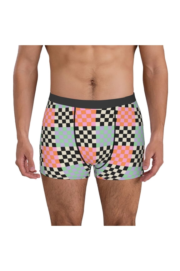 Colorful Checkered Pattern Men’s Boxer Briefs – Soft & Breathable Underwear, Stretchy & Comfortable Fit, Supportive Pouch Design, Moisture-Wicking-X-Large