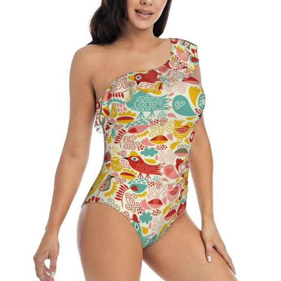 Picia Colorful Chicken Pattern Women's One Piece Swimsuits,One Shoulder Swimwear Asymmetric ,Ruffle Monokinis Bathing Suits,High Waisted Flattering Bathing Suits-
