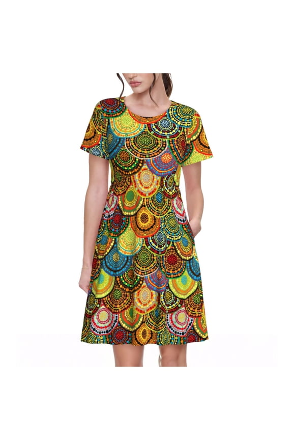 Colorful Circle Pattern Women's Short Sleeve Summer Dress Pleated Loose Swing Knee Length Short Sleeve Swing Dresses