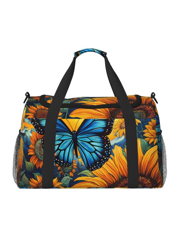 Colorful Cloud Butterfly Sunflower Print Travel Duffle Bag,Weekender Bags for Women with Shoe Compartment, Gym Duffel Bag with Wet Pocket, Hospital Bags for Labor and Delivery