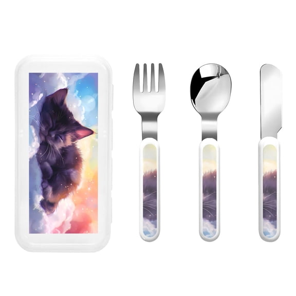 Picia Colorful Cloud Sleeping Cat Print Children's Knife, Fork And Spoon Set - Kids Knife Fork Spoon - Stainless Steel Kids Silverware Set - Metal Kids Cutlery Set