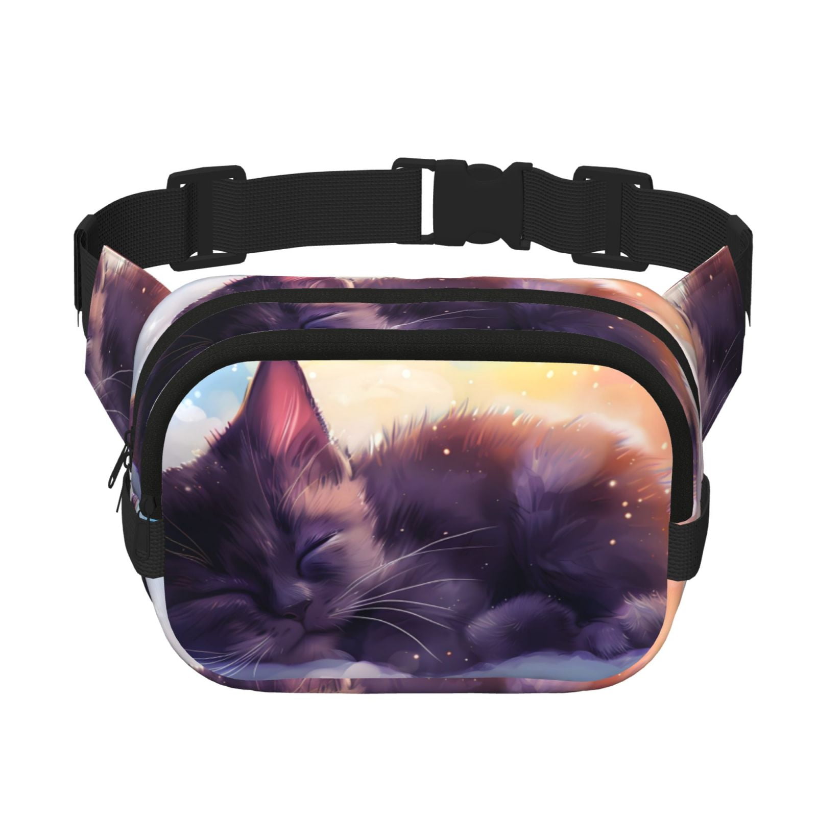 Picia Colorful Cloud Sleeping Cat Print Square Double-Layer Waist Bag Mini Adjustable Waist Belt Bag Exercise Running Travel Hiking
