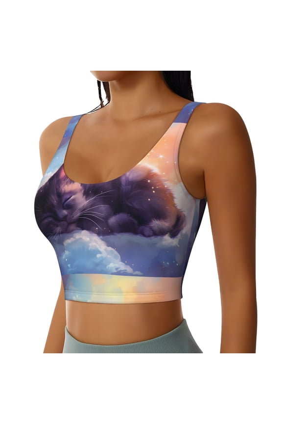 Colorful Cloud Sleeping Cat Sports Bra for Women,Padded Strappy Sports Bras Medium Support Yoga Bra with Removable Cups,Running Yoga Bra-Large