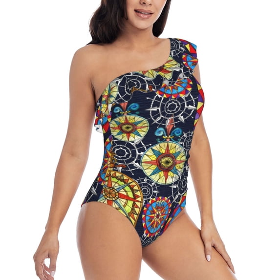 Picia Colorful Compasses Pattern Women's One Piece Swimsuits,One Shoulder Swimwear Asymmetric ,Ruffle Monokinis Bathing Suits,High Waisted Flattering Bathing Suits-X-Large