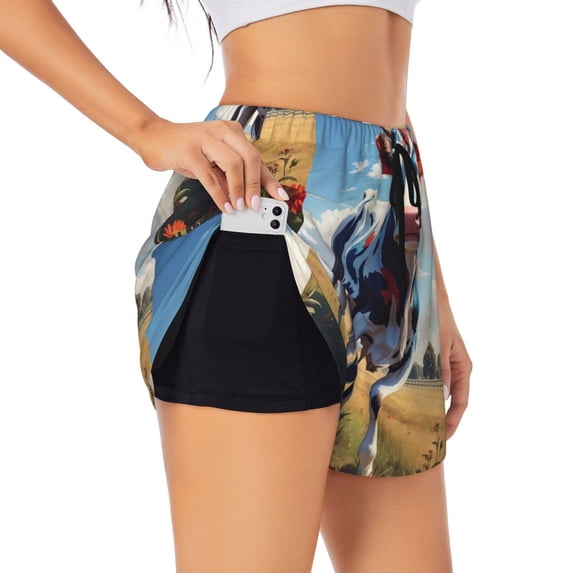 Picia Colorful Cow Pasture Pattern Women's 2 in 1 Athletic Running Shorts High Waisted Workout Casual Gym Sweat Shorts with Comfy Liner Zipper Pockets-Large