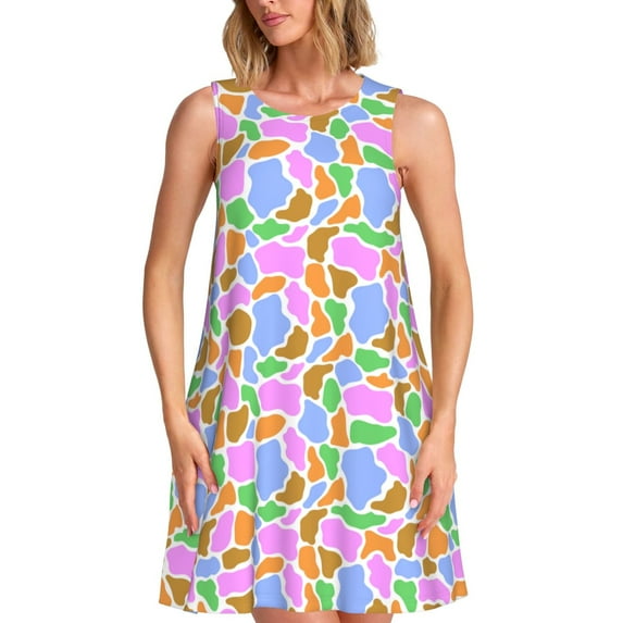 Picia Colorful Cow Skin Print Women’s Sleeveless Midi Swing Dress – A-Line Pleated Tank Sundress, Comfortable and Flowy T-Shirt Dress