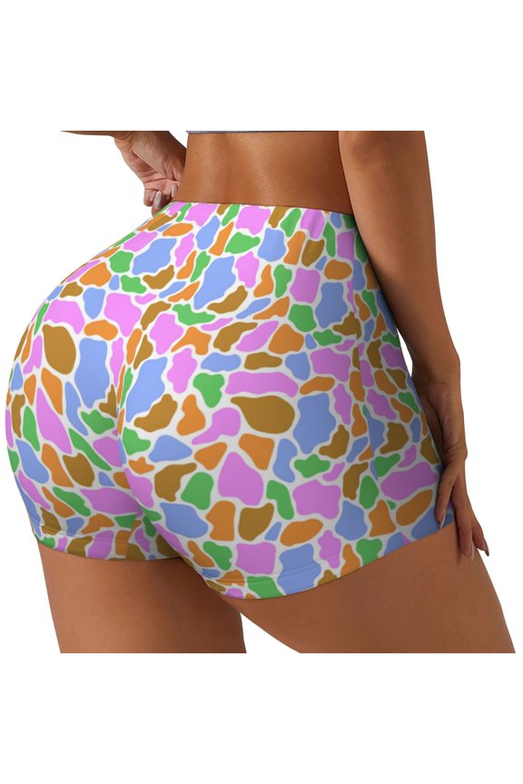 Colorful Cow Skin Printed Workout Shorts for Women Seamless Scrunch Butt Lifting High Waisted Yoga Gym Booty Running Moisture-wicking Short Pants-Medium