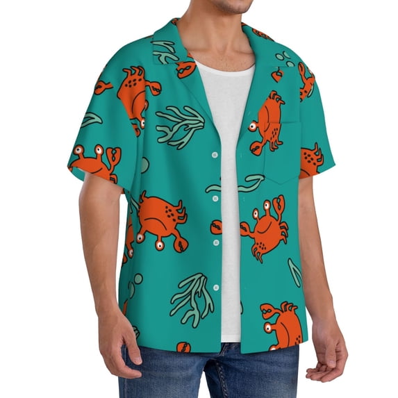 Picia Colorful Crab Men's Linen Shirts Short Sleeve Cuban Beach Shirts Casual Shirts Button Down Shirt for Men Beach Summer Wedding Shirt-XX-Large
