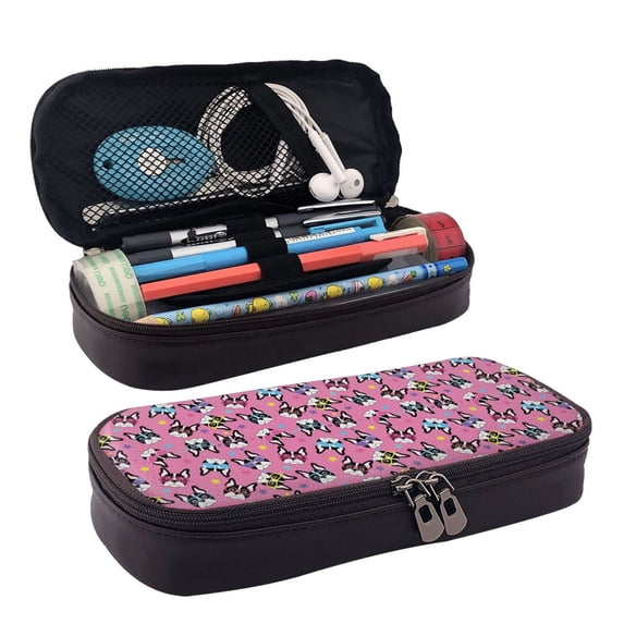 Picia Colorful Cute French Bulldog Pattern Large Capacity PU Leather Pencil Case Organizer Pen Marker Holder Double Zipper Storage Bag Big Pencil Pouch for College Office