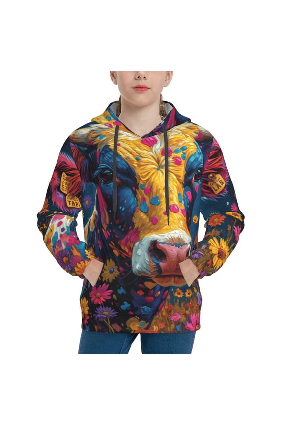 Colorful Daisy Sunflower Cow Pattern Youth Hoodie - Warm Pullover Sweatshirt with Kangaroo Pocket, Ideal for Boys and Girls-Small